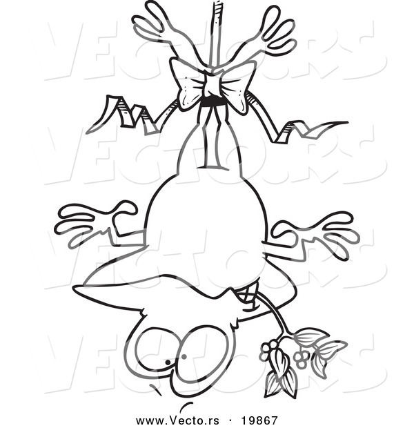 Vector of a Cartoon Frog Hanging Upside down with Mistletoe - Outlined Coloring Page