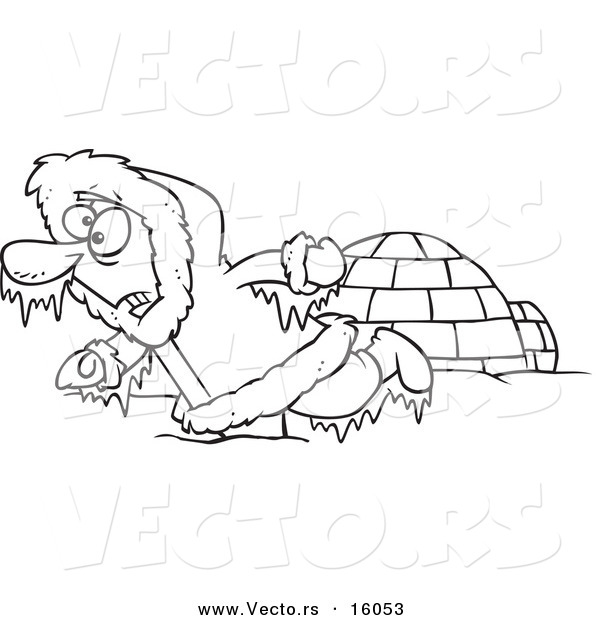 Vector of a Cartoon Frozen Eskimo near an Igloo - Outlined Coloring Page Drawing