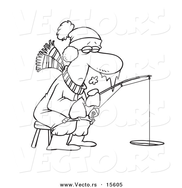 Vector of a Cartoon Frozen Man Ice Fishing - Coloring Page Outline
