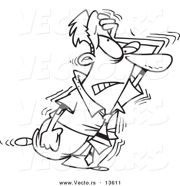 Vector of a Cartoon Frustrated Businessman Wearing a Nicotine Patch and Going Through Withdrawals - Coloring Page Outline