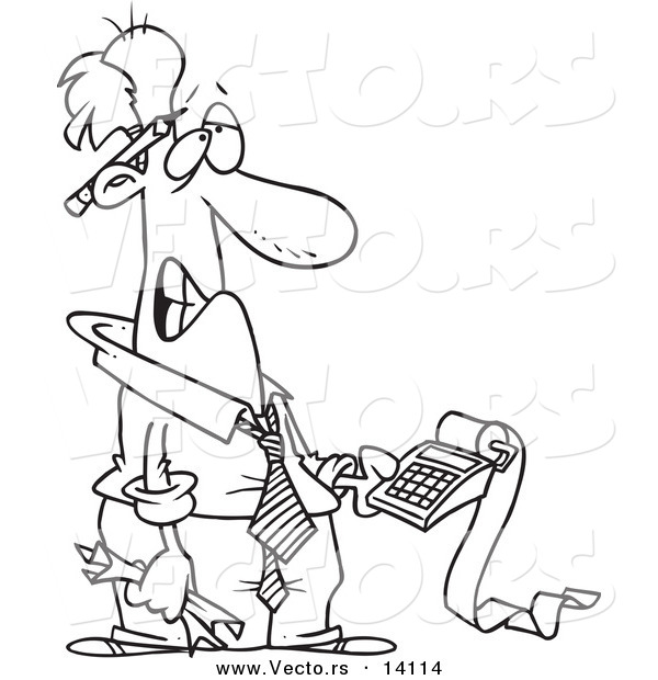 Vector of a Cartoon Frustrated Man Trying to Calculate His Taxes - Coloring Page Outline