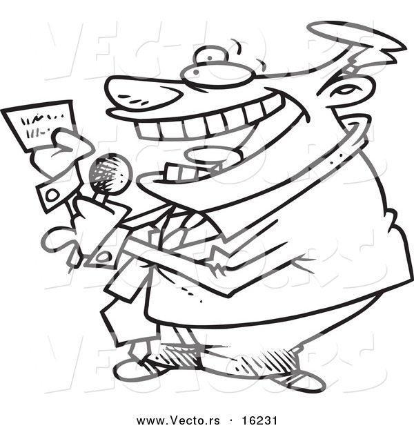 Vector of a Cartoon Game Show Host Reading a Card - Outlined Coloring Page Drawing