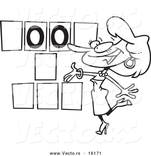 Vector of a Cartoon Game Show Hostess Presenting Blank Spaces - Outlined Coloring Page Drawing