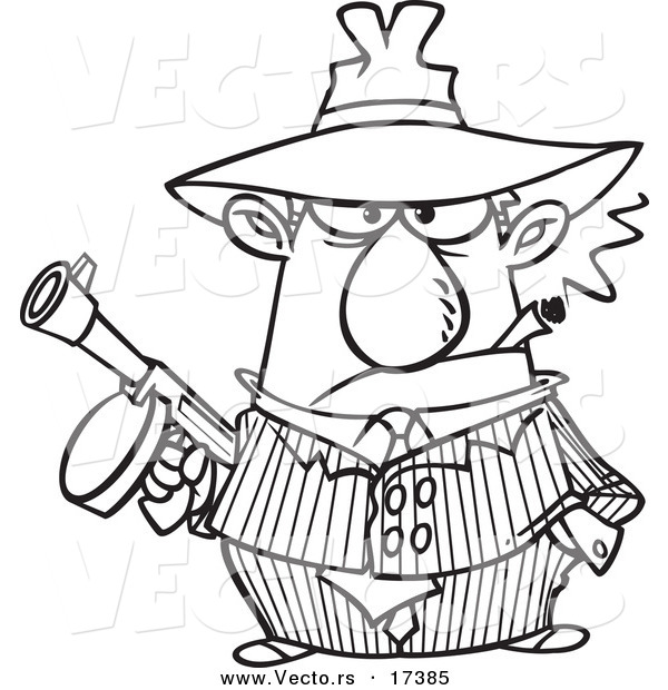 Vector of a Cartoon Gangster Holding a Gun and Smoking a Cigar - Coloring Page Outline