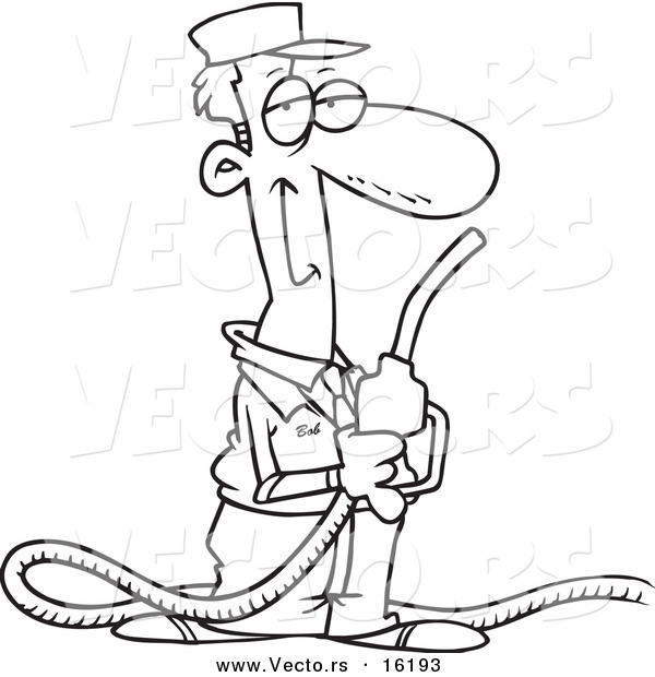Vector of a Cartoon Gas Station Attendant Holding a Nozzle - Outlined Coloring Page Drawing