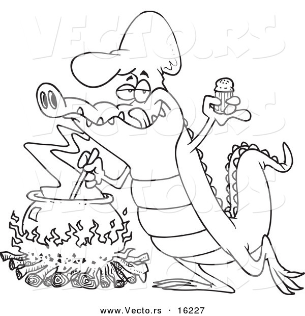 Vector of a Cartoon Gator Making Soup - Outlined Coloring Page Drawing