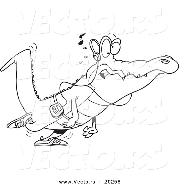 Vector of a Cartoon Gator Walking and Listening to Music - Outlined Coloring Page
