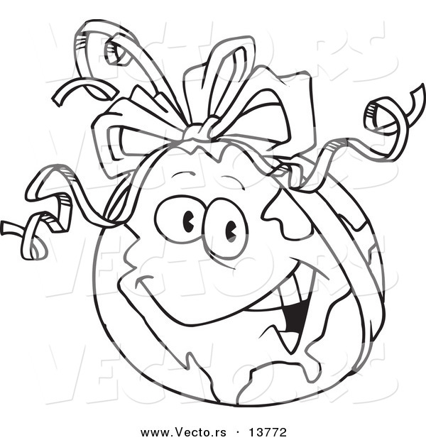 Vector of a Cartoon Gift Globe with a Ribbon - Coloring Page Outline