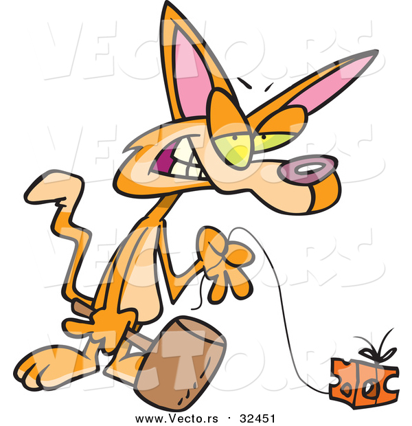 Vector of a Cartoon Ginger Cat Holding a Hammer and Pulling Cheese on a String
