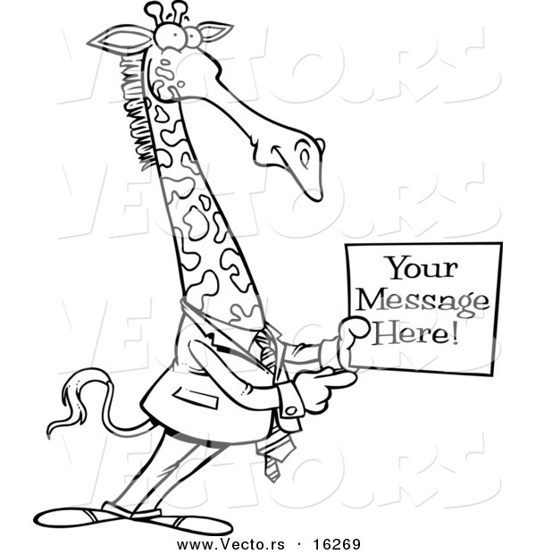 Vector of a Cartoon Giraffe Businessman Holding a Sign with Sample Text - Outlined Coloring Page Drawing