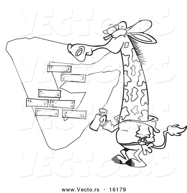 Vector of a Cartoon Giraffe Spray Painting a G on a Wall - Outlined Coloring Page Drawing