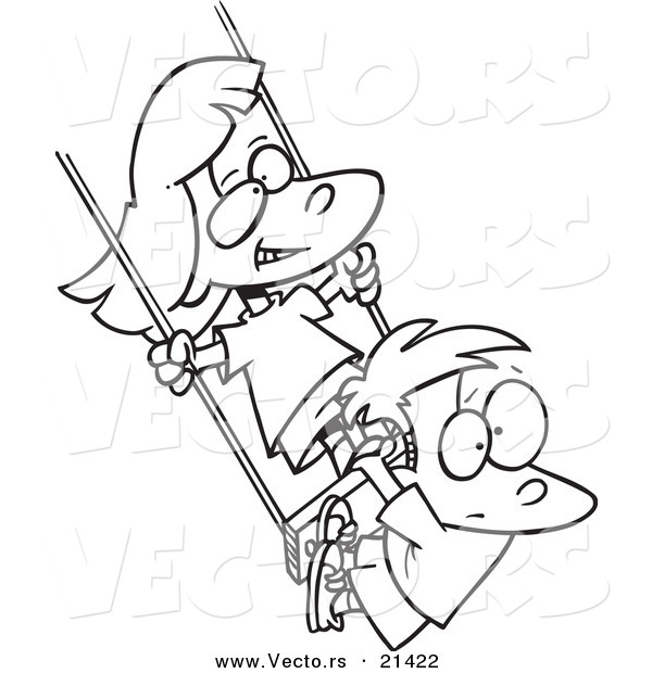 Vector of a Cartoon Girl and Boy Swinging - Outlined Coloring Page