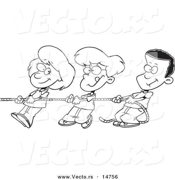 Vector of a Cartoon Girl and Boys Pulling a Rope - Coloring Page Outline