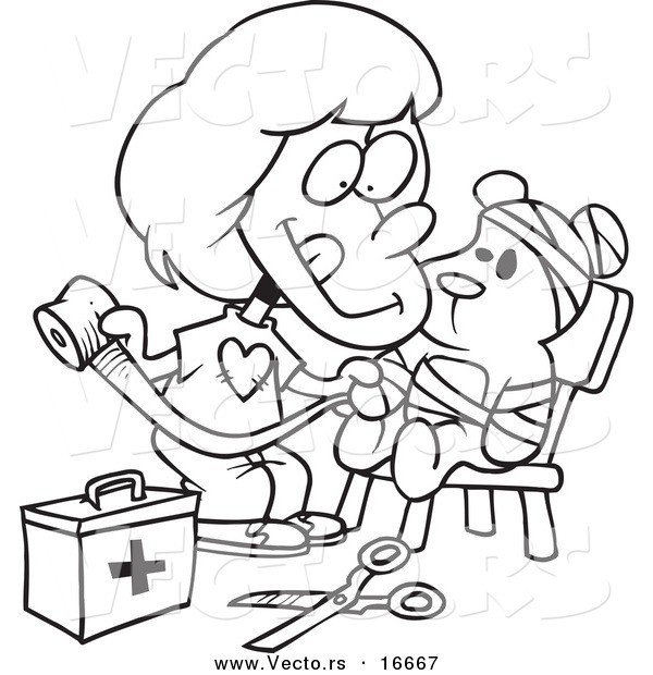 Vector of a Cartoon Girl Bandaging up Her Teddy Bear - Outlined Coloring Page Drawing