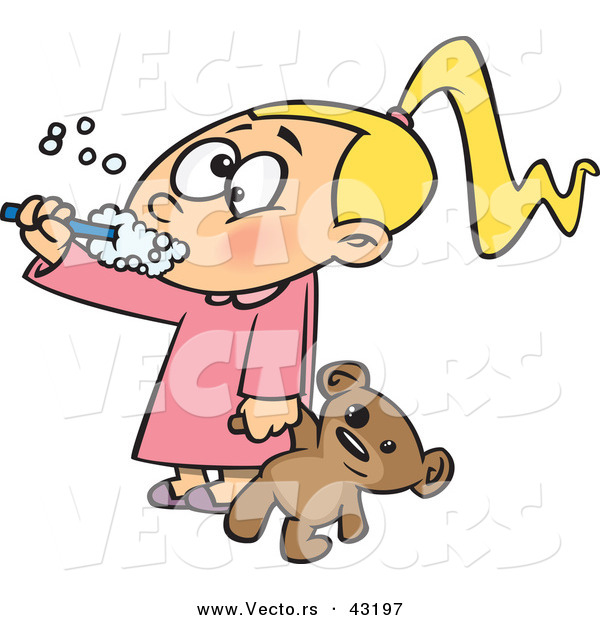 Vector of a Cartoon Girl Brushing Her Teeth While Holding a Teddy Bear