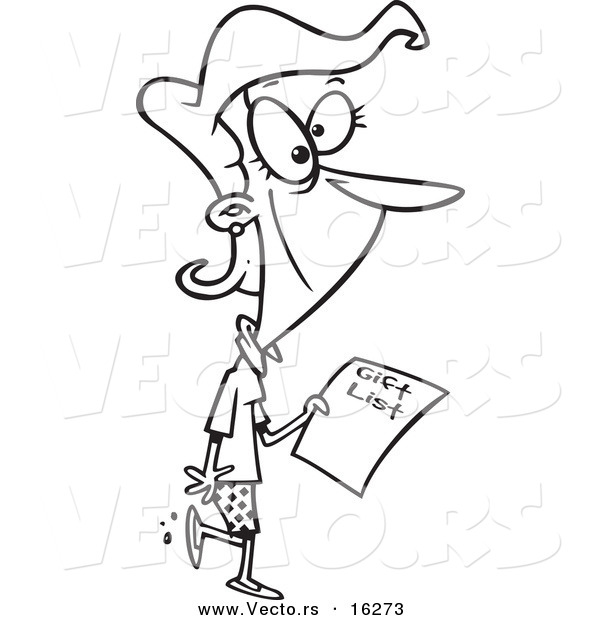 Vector of a Cartoon Girl Carrying a Gift List - Outlined Coloring Page Drawing