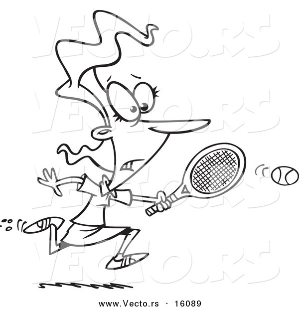 Vector of a Cartoon Girl Chasing an Elusive Tennis Ball - Outlined Coloring Page Drawing