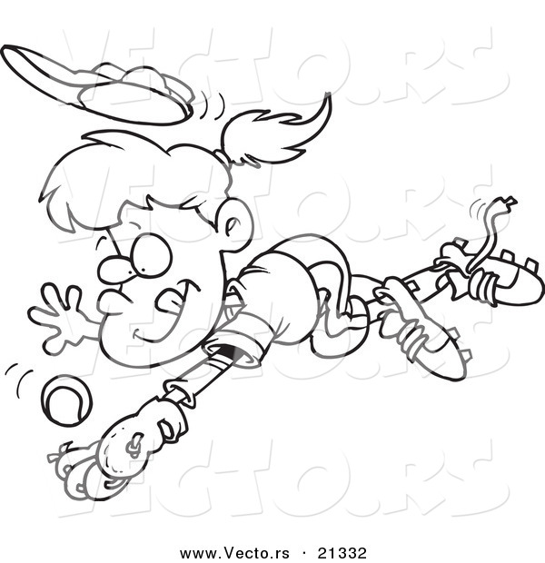 Vector of a Cartoon Girl Diving to Catch a Baseball - Outlined Coloring Page