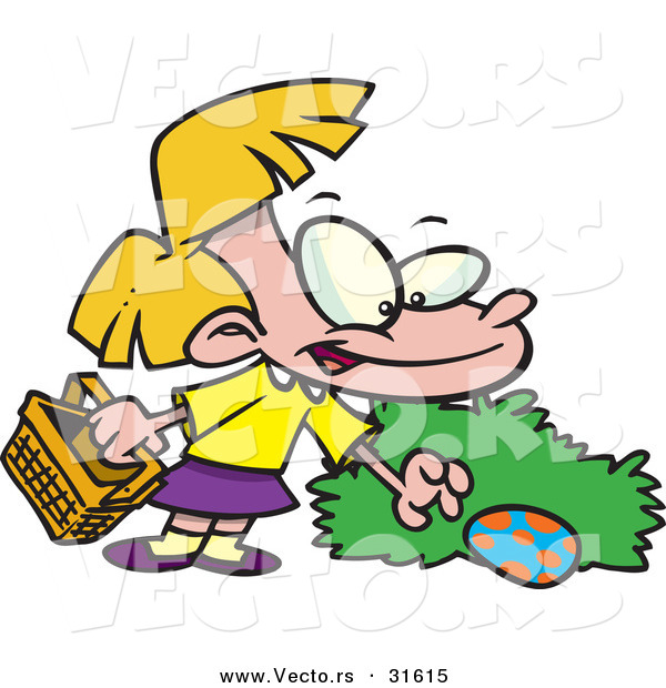 Vector of a Cartoon Girl Finding a Hidden Easter Egg Behind a Bush