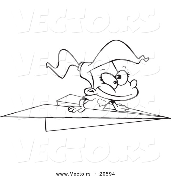 Vector of a Cartoon Girl Flying in a Paper Plane - Coloring Page Outline