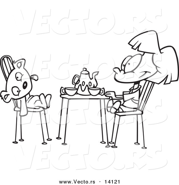 Vector of a Cartoon Girl Having a Tea Party with Her Teddy Bear - Coloring Page Outline