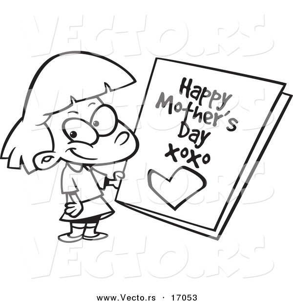 Vector of a Cartoon Girl Holding a Mothers Day Card - Coloring Page Outline