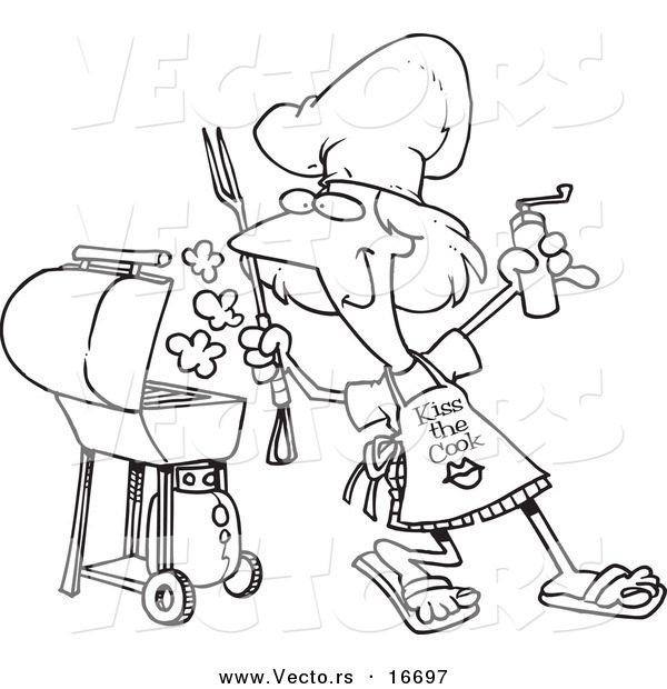 Vector of a Cartoon Girl Holding a Pepper Grinder by Her BBQ - Outlined Coloring Page Drawing