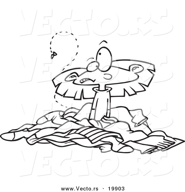 Vector of a Cartoon Girl in a Pile of Stinky Laundry - Outlined Coloring Page