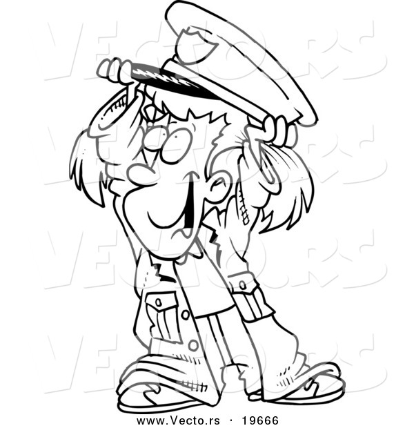 Vector of a Cartoon Girl in a Police Costume - Outlined Coloring Page