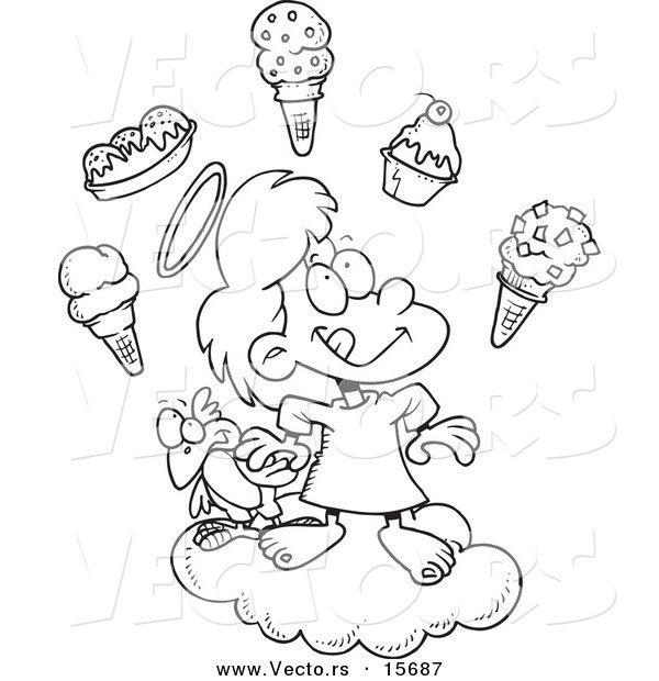 Vector of a Cartoon Girl in Heaven with Ice Cream - Coloring Page Outline