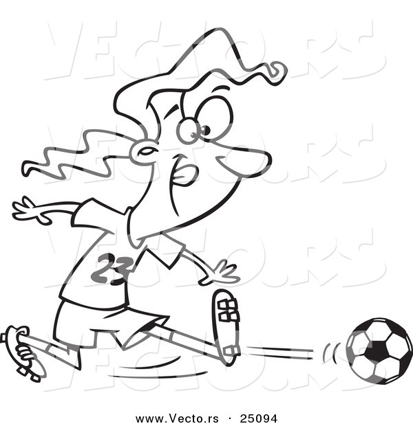 Vector of a Cartoon Girl Kicking a Soccer Ball - Outlined Coloring Page