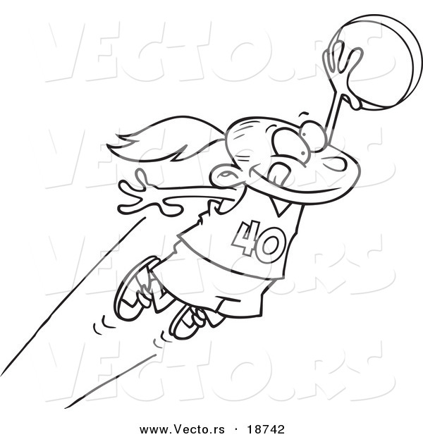 Vector of a Cartoon Girl Leaping with a Basketball - Outlined Coloring Page
