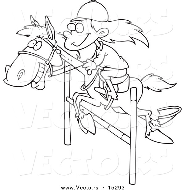 Vector of a Cartoon Girl on a Leaping Horse - Coloring Page Outline