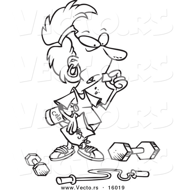 Vector of a Cartoon Girl Pigging out Instead of Exercising - Outlined Coloring Page Drawing