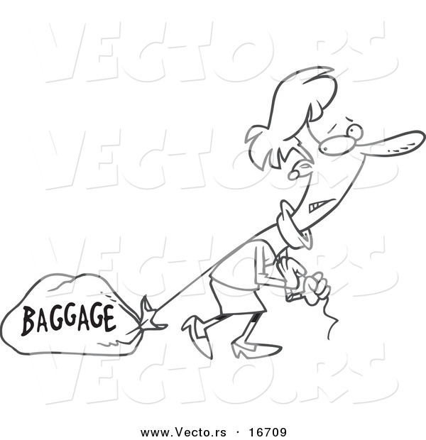 Vector of a Cartoon Girl Pulling Heavy Baggage - Outlined Coloring Page Drawing