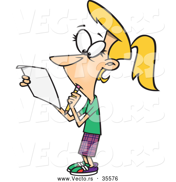 Vector of a Cartoon Girl Reading a Blank Paper While Thinking