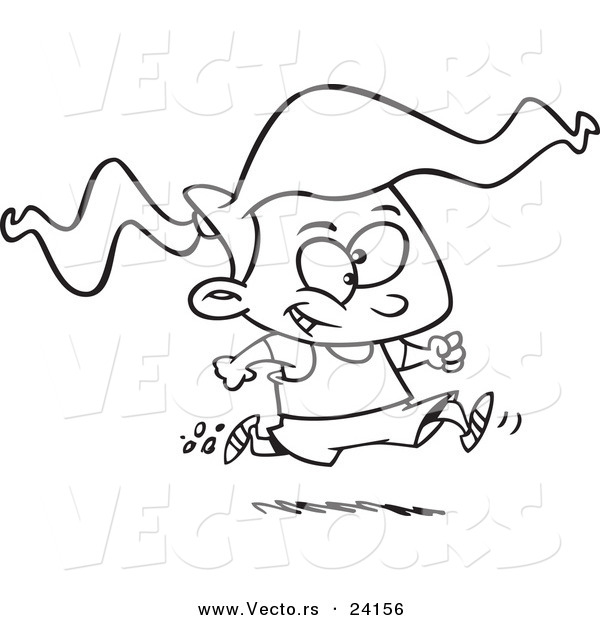 Vector of a Cartoon Girl Running a Marathon - Coloring Page Outline