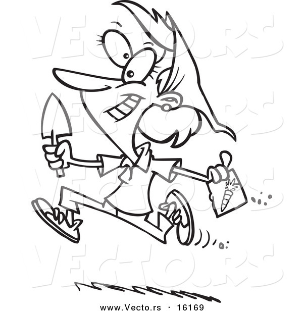 Vector of a Cartoon Girl Running with Carrot Seeds - Outlined Coloring Page Drawing