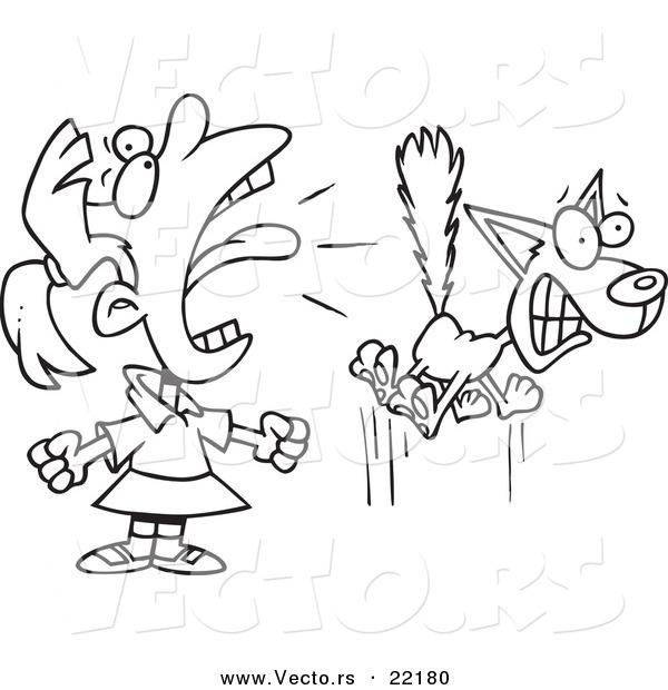 Vector of a Cartoon Girl Screaming at a Cat - Outlined Coloring Page