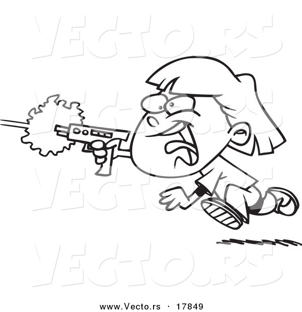 Vector of a Cartoon Girl Shooting a Gun and Playing Laser Tag - Outlined Coloring Page