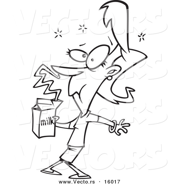 Vector of a Cartoon Girl Smelling Expired Milk - Outlined Coloring Page Drawing