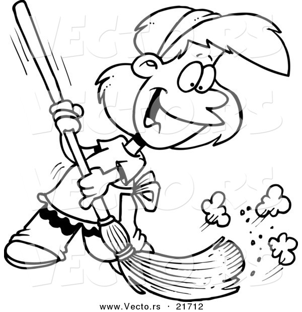 Vector of a Cartoon Girl Sweeping - Outlined Coloring Page