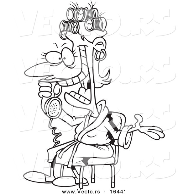 Vector of a Cartoon Girl Talking Gossip on the Phone - Outlined Coloring Page Drawing