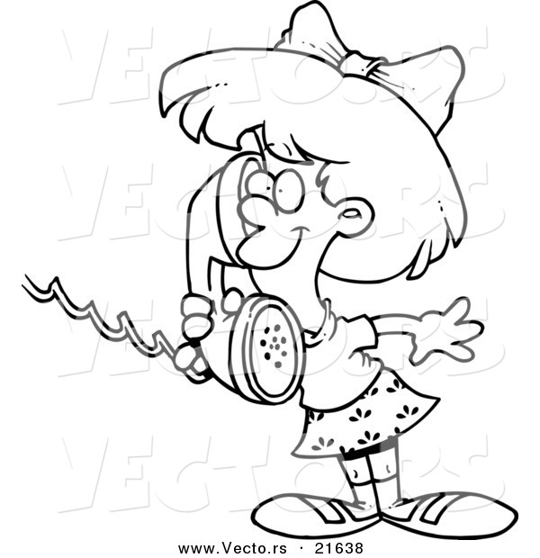 Vector of a Cartoon Girl Talking on a Telephone - Outlined Coloring Page