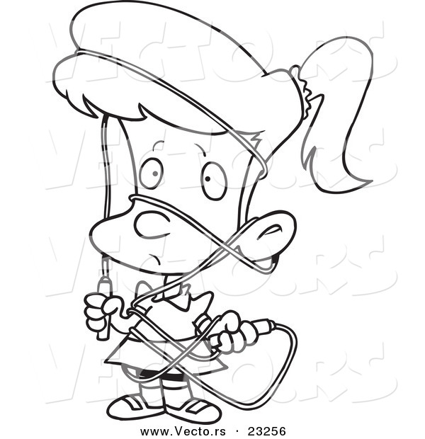 Vector of a Cartoon Girl Tangled in a Jump Rope - Coloring Page Outline