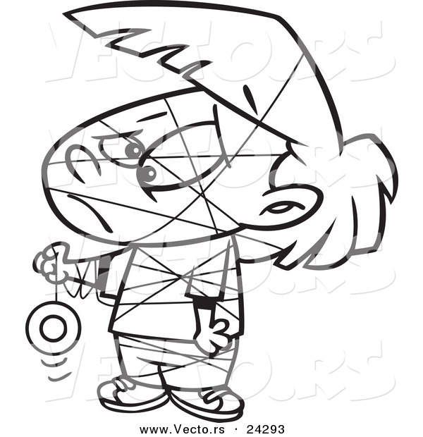 Vector of a Cartoon Girl Tangled in Her Yo Yo String Black and White Outline - Outlined Coloring Page