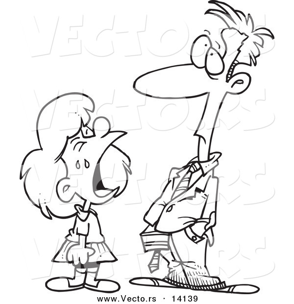Vector of a Cartoon Girl Throwing a Temper Tantrum in Front of Her Dad - Coloring Page Outline