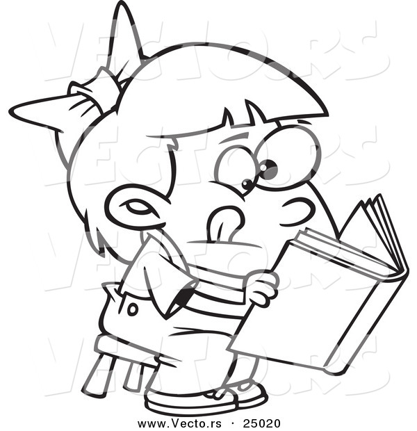 Vector of a Cartoon Girl Trying to Decipher Information in a Book - Outlined Coloring Page