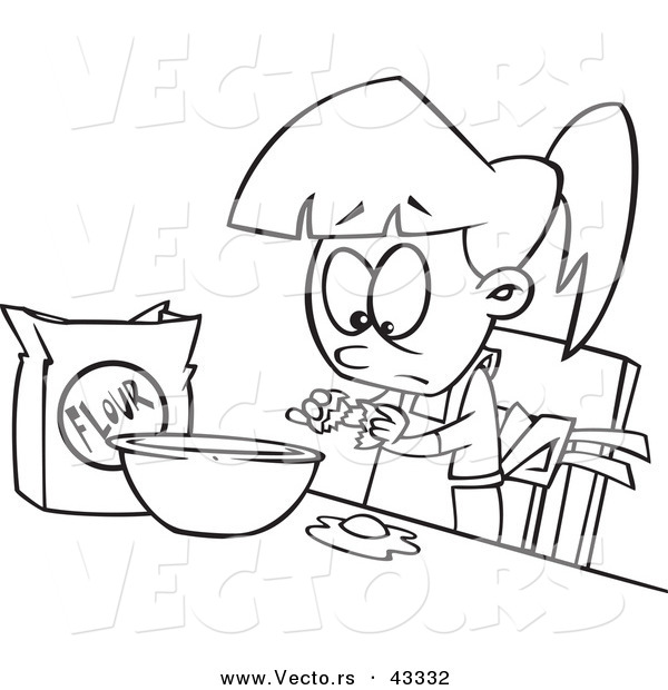 Vector of a Cartoon Girl Trying to Make Dough - Coloring Page Outline