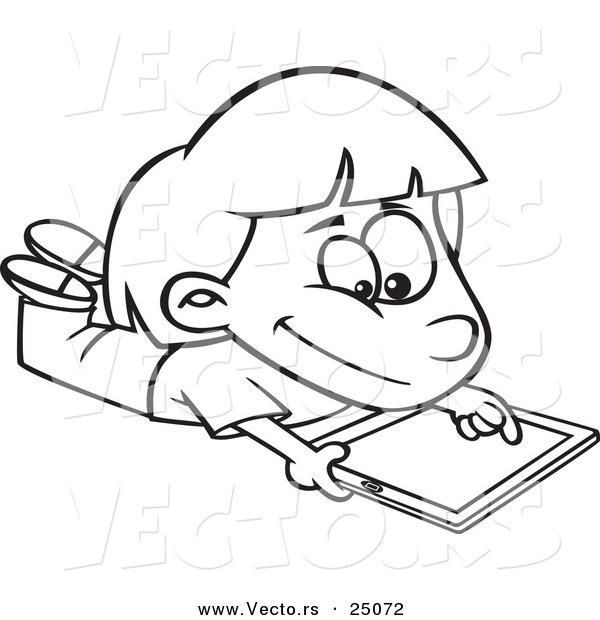Vector of a Cartoon Girl Using an IPad Tablet Computer - Outlined Coloring Page